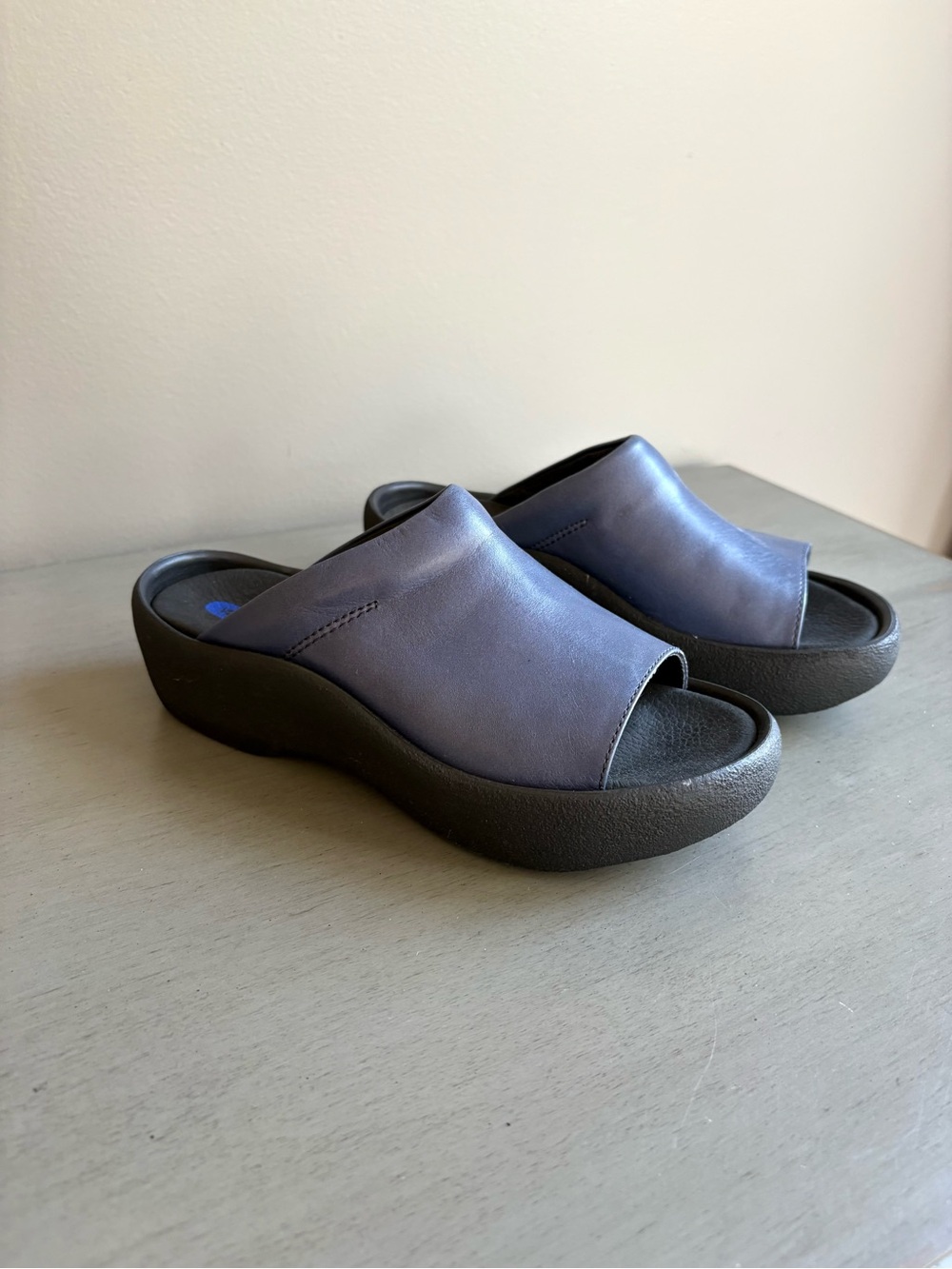Wolky Nassau Leather Blue Open-Toe Platform Mules Slip On Slide Sandal Sz 5.5